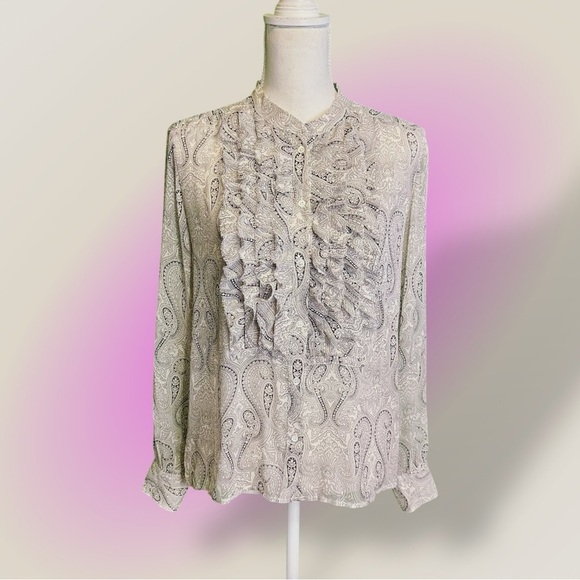 J. Crew 100% Silk ‘Faded Paisley Flouncette Blouse’ in White & Black Size 6 - Picture 4 of 16